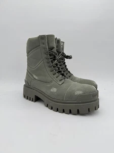 Size 41 / 8 - Balenciaga Distressed Canvas Zip Strike Boots Gray Green - Picture 1 of 14