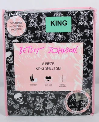 BETSEY JOHNSON KING Negro Blanco Calavera Embrujada Floral Halloween Juego de Sábanas 6 piezas Nuevo Foto 1 de 2