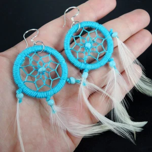 Orecchini Boho Piuma Acchiappasogni Blu Argento Sterling 925, Fatti a Mano - Foto 1 di 5