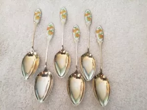 WATSON Set 6 CUCCHIAI AGRUMI ARANCIONI SMALTATI ARGENTO STERLING 4 7/8" M mono sul retro - Foto 1 di 10