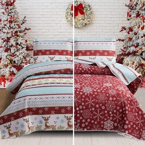 Reversible Xmas Quilts King Size Christmas Bedding Bedspread Lodge Cabin Moos... - Picture 1 of 7