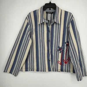 Sag Harbor Womens Large Jean Jacket Denim Blue White Stripes Floral Appliqué - Picture 1 of 13