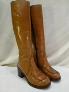 Womens Brown Riding Boots Tall Leather Moc Toe Stitched 6.5M 70's Platforms $530 - Picture 1 of 12