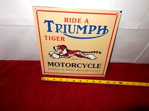 VINTAGE 10 x 10 in TRIUMPH TIGER MOTORCYCLES SIGN HEAVY METAL PORCELAIN - S 351 - Picture 1 of 5