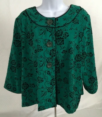 Elementz Womens Coat Size XL Green with Black Flowers Buttons 3/4 Sleeves - Image 1 of 4