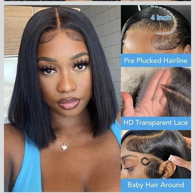 Bob Wig 13x4 高清花边前短直发人发 10 英寸预拔 180% 密度 — 第 1/4 张图片