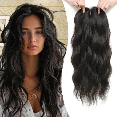 Toppers de cabelo sintético femininos longos ondulados encaracolados para clipe com franjas 20 polegadas preto - Imagem 1 de 4