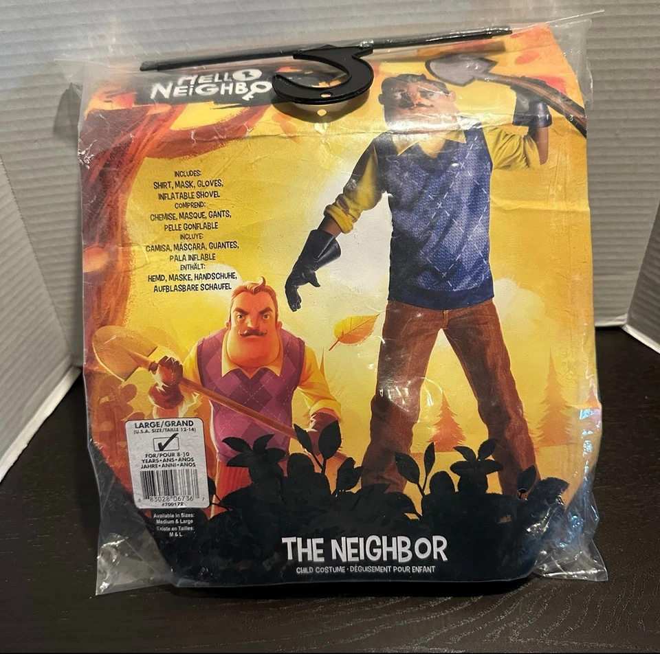 Hello Neighbor 万圣节服装 男孩 大号 衬衫 面具 充气铲 阅读 — 第 1/4 张图片