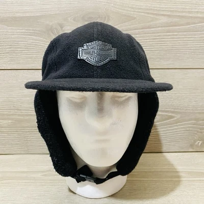 Harley Davidson Motor Cycles Fleece W/Sherpa Ear Flaps Black Hat EUC - Image 1 of 4