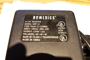 Homedics AC/DC Adapter Model: ADP-10 Input: 120 VAC Output: 12 VDC 2.0 A Power - Picture 1 of 4