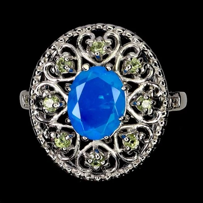 Кольцо из стерлингового серебра 925 пробы с овальным синим опалом 9x7 мм перидотом ювелирное изделие размер 9 - Изображение 1 из 4