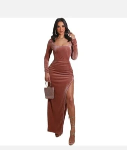 New Women Stylish Long Sleeves Square Neck Slit Patchwork Solid Nightclub Dress - Picture 1 of 12