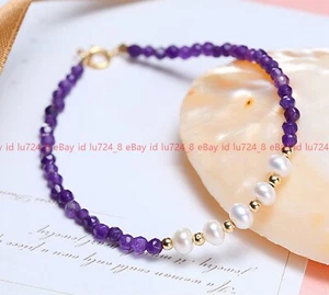 Faceted 4mm Round Amethyst Gemstone Beads 4-5mm White Freshwater Pearl Bracelet - Picture 1 of 12