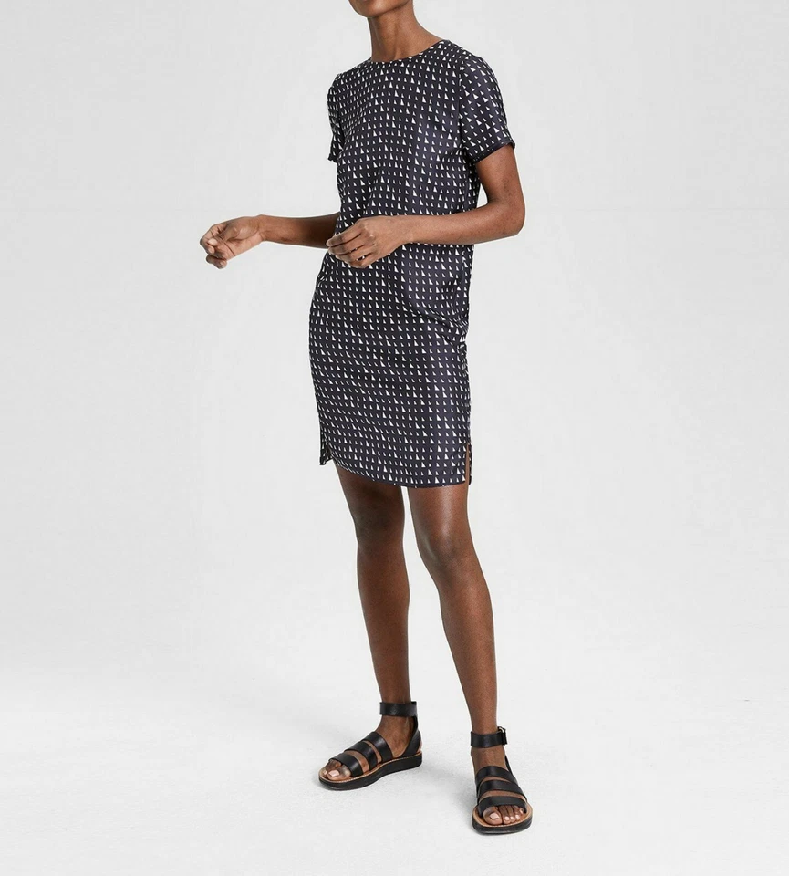 Theory Silk T-shirt Geometric Print Shift Dress-Work Brunch Black/Ivory S
