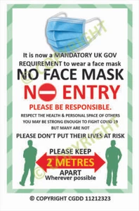 NO MASK NO ENTRY GESICHTSMASKE Tür Fenster Aufkleber Social Distancing Poster Shop  - Bild 1 von 1