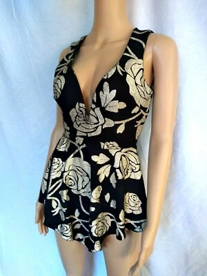 A'gaci Womens Romper Black With Gold flowers, Size M - Image 1 of 4