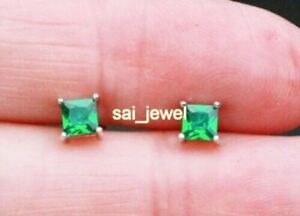Men's Stud Earring 5mm Princess Simulated Emerald 14k White Gold Plated Silver