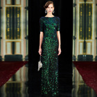 Sparkle Sexy Evening Dresses Long Sequined O-Neck Green Evening Gowns for Party