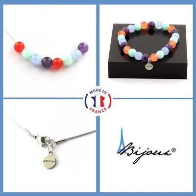 Set Armband Halskette Perlen Aigue-Marine + Amazonit + Amethyst + Größe Pe - Bild 1 von 4