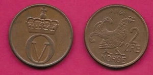 NORWAY 2 ORE 1966 XF OLAV V,MOOR HEN AND VALUE,SMALL LETTERING,CROWNED - Picture 1 of 1