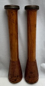 2 Antique Wooden Spool Textile Mill Thread Bobbin Spindle Candle Holder Country - Picture 1 of 9
