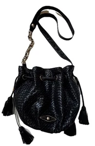 Elliott Lucca Black Leather Basketweave Woven Purse bag Bucket Tassel Drawstring - Picture 1 of 11
