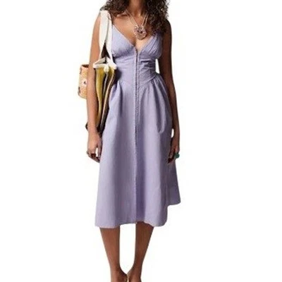 Urban Outfitters 雪松府绸紧身胸衣 Midi 连衣裙薰衣草 100% 棉 M 口袋 — 第 1/4 张图片