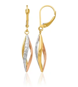 10K Solid Two Tone Gold Dangle Earrings - Picture 1 of 11