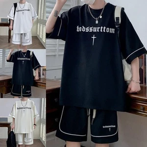 Men's Comfortable Summer Wear 2PCS Set of Letter Printed T Shirt and Shorts - Picture 1 of 26