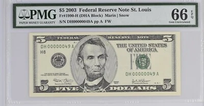 PMG 66 EPQ 5$ TWO DIGITS SERIAL NUMBER 00000049A - Image 1 of 2