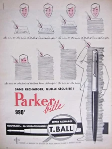 PUBLICITÉ 1959 PARKER BILLE SUPER RECHARGE T.BALL STYLOS LE PLUS VENDU AU MONDE - Picture 1 of 1