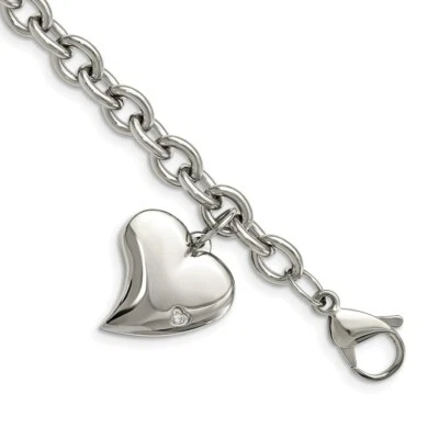 Stainless Steel CZ Heart Charm Fancy 7.5in Bracelet - Image 1 of 4