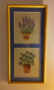 Finished Framed Cross Stitch Blue Matted Double Picture Potted Flowers - Picture 1 of 5