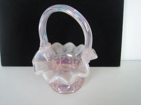 Fenton Glass Miniature Easter Basket Pink Opalescence Handmade in USA w/Label Cover