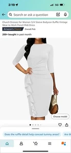White Dress Women Church 3/4 Sleeve Bodycon Ruched Elegant Business Pencil Sh... - Picture 1 of 3