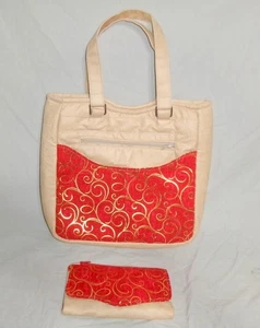 NEW Handmade Tote Purse & Wallet Medium Faux Suede Red Gold Pockets on Outside - Picture 1 of 9