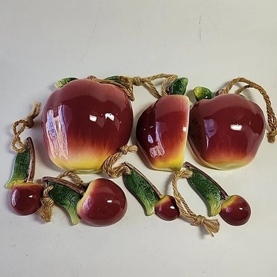 Red Apples Ceramic Measuring Cups & Spoons Wall Hanging Vintage Set Of 7 Fruit - Image 1 of 4