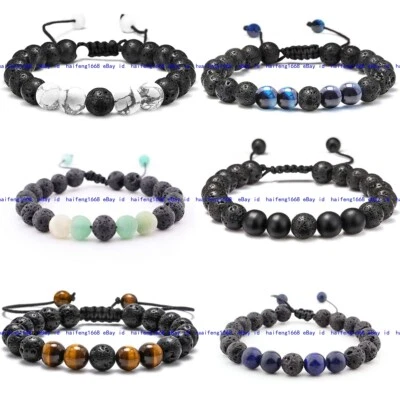 Natürlich Lavafelsen &Mehrfarbig Edelstein Rund Perlen Geflochten Armband 19cm - Bild 1 von 4