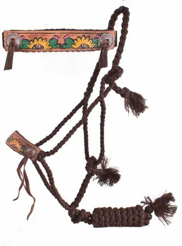 Showman Woven Brown Nylon Mule Tape Halter With Sunflower Leather Noseband