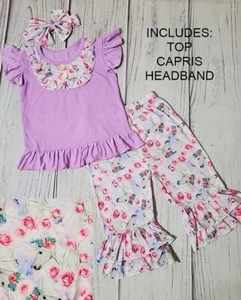 GIRLS EVERYDAY BOUTIQUE LAVENDAR UNICORN & FLORAL 3 PC. CAPRI SET (6/7, 7/8) - Picture 1 of 1