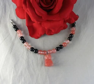 Artisan Gorgeous Cherry Quartz Black Obsidian Cat Charm Bracelet CAT RESCUE - Picture 1 of 1