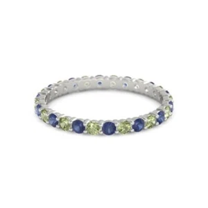 Blue Sapphire Peridot Round 2.50 MM Eternity 925 Sterling Silver Women Ring - Picture 1 of 4