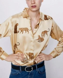 Zara Silky Gold Animal Leopard Blouse XS 8 10 Bnwt - Picture 1 of 2