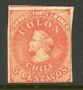 Chile 1865 Columbus 5¢ Carmine Red Imperf Scott #14a Mint Inverted Wmk K827 - Picture 1 of 6