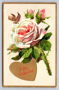 1910 Tuck Postcard Embossed Pink White Rose Gilt Heart Valentine Floral Missives - Picture 1 of 2