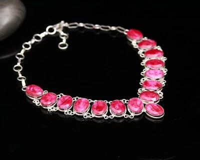 Ruby Lab Created Gemstone 925 Sterling Silver Handmade Statement Necklace 18" - Image 1 of 4