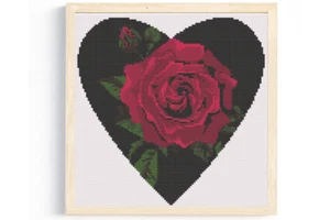 Red Rose on Black Heart Cross Stitch Pattern/Chart, Floral Flower - Picture 1 of 2