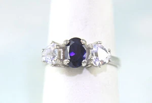 Laborgefertigter Ring blauer Saphir oval 7 x 5 mm mit weißen Saphir Akzenten Sterling # 7 - Bild 1 von 3