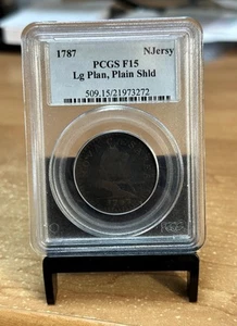 1787 Large Planchet Plain Shield New Jersey Copper PCGS F 15 - Picture 1 of 5