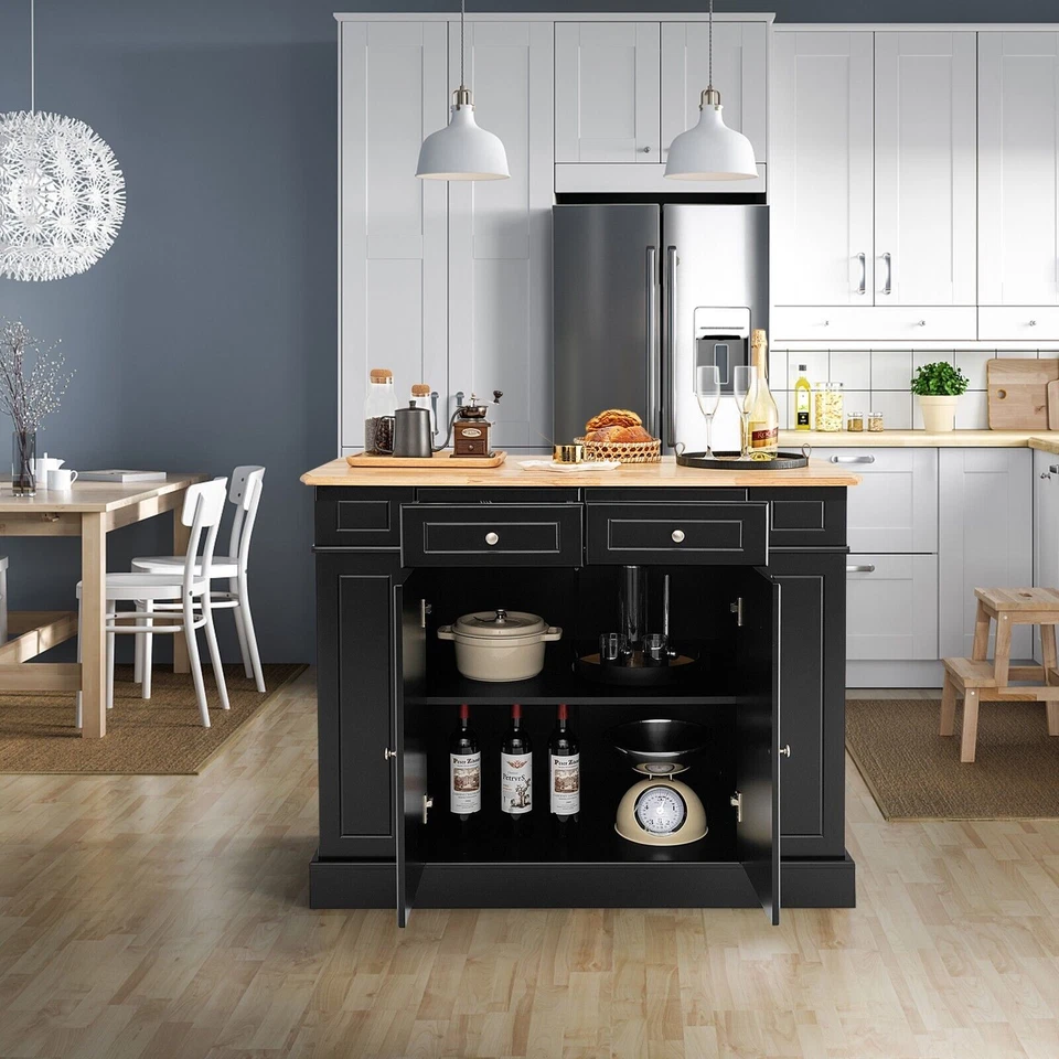 GAINOOM Kitchen Island with Drop Leaf & Rubberwood Countertop Black - Image 1 of 4